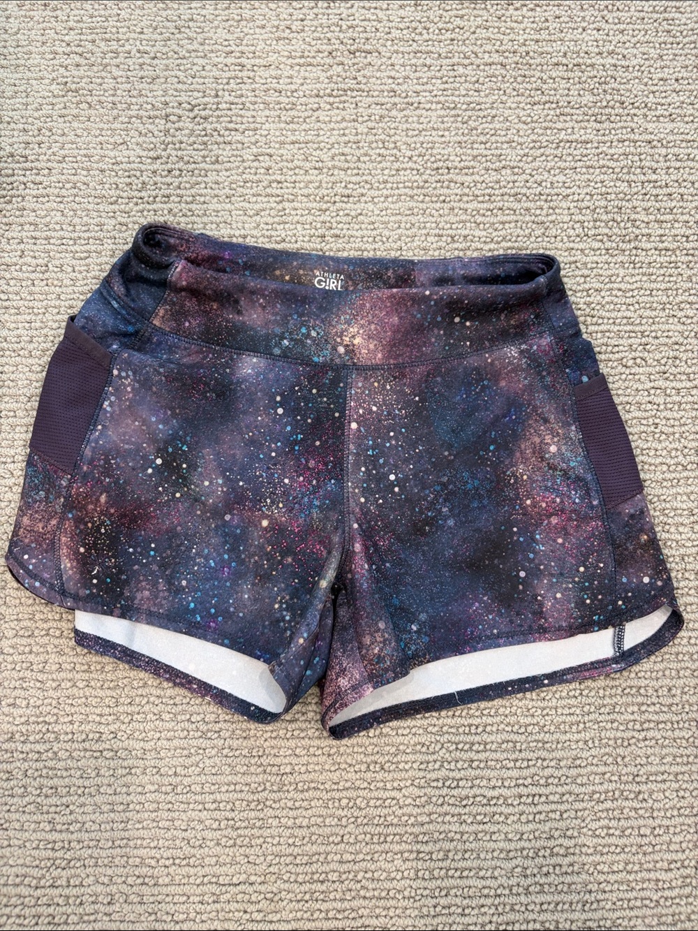 Athleta Girls Galaxy Athletic Shorts - Purple with Pink & Blue Speckles
